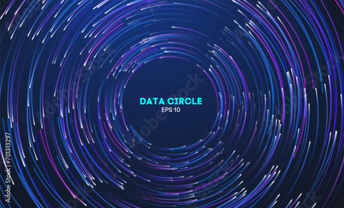 Circular data swirl on dark blue technology background. Hurricane vortex concentric lines