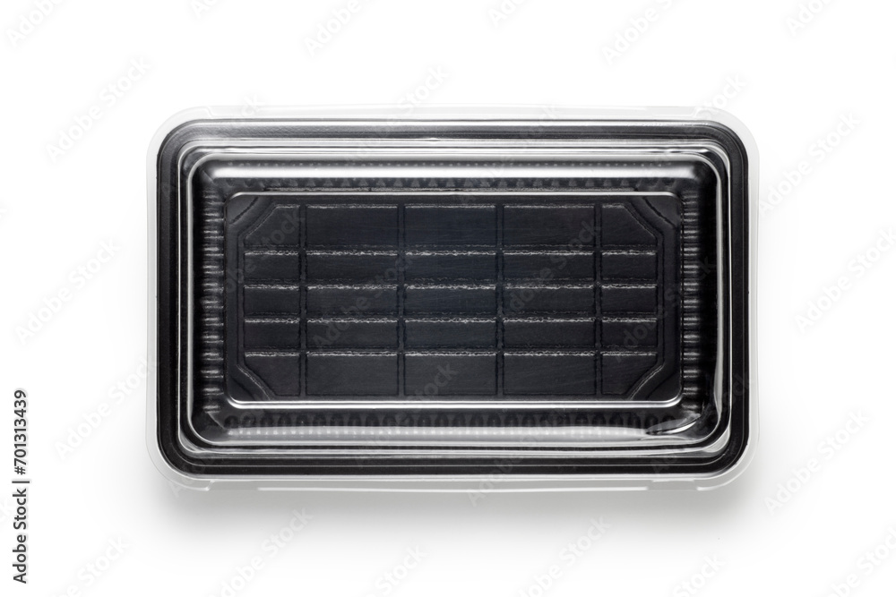 black plastic food tray with lid isolated on white background, top view. black plastic food tray with lid isolated on white background, top view.
