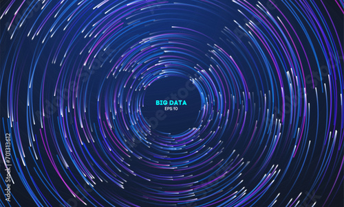 Circular data swirl on dark blue technology background. Hurricane vortex concentric lines