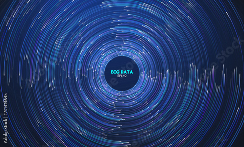 Circular data swirl on dark blue technology background. Hurricane vortex concentric lines