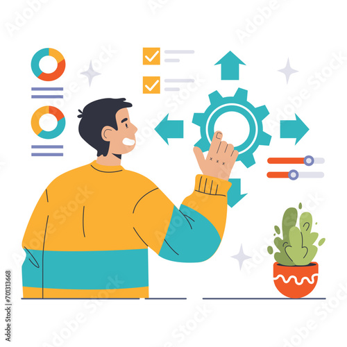 Scalability concept illustration with a man adjusting a cog, representing the dynamic expansion of business capabilities and technological growth. Infrastructure adaptability visualized. Flat vector © inspiring.team