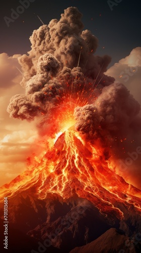 Volcanic eruption, lava flowing down the mountain