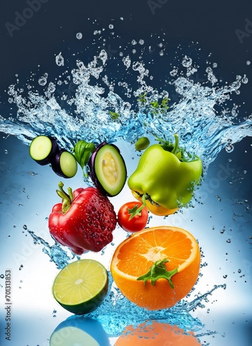 fruits and vegetables in swirling water suitable for background or cover