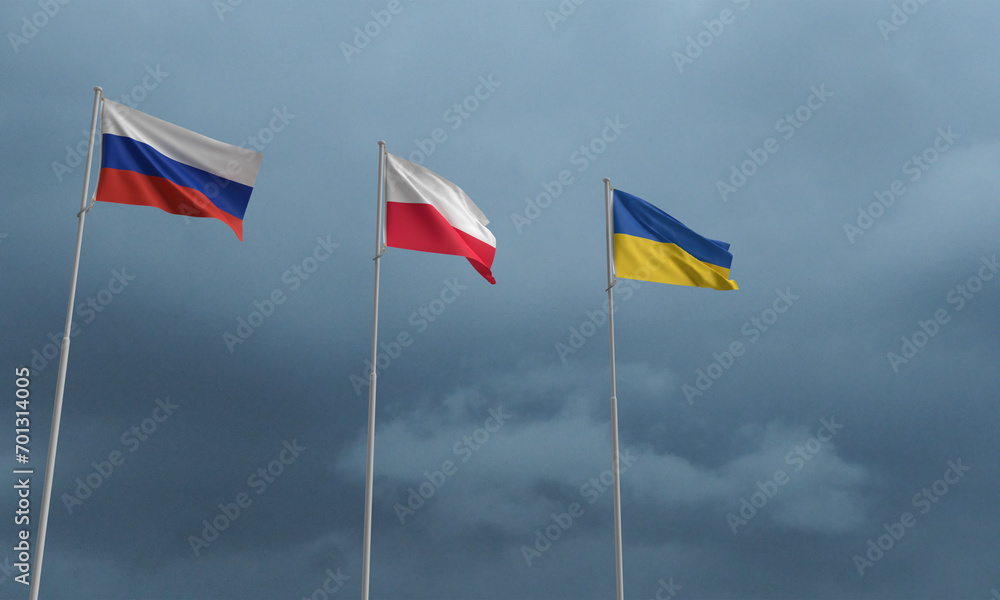Ukraine poland russia flag waving copy space black rain background wallpaper copy space war military politic army weapon border refugee invasion support europe democracy government sign putin kiey 