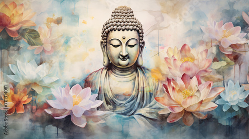 buddha statue in the temple color painting photo