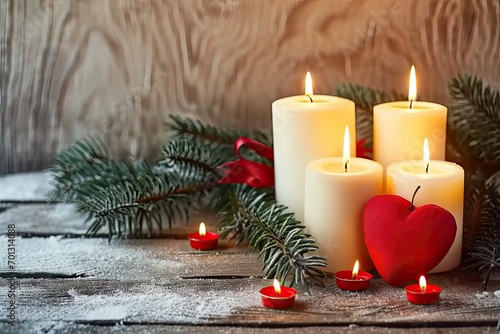 Festive christmas candlelight. Red candle illuminating december celebration. Cozy holiday atmosphere. Decorative on wooden table background. Merry xmas greeting card. Shiny candlelight in rustic