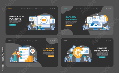 Production and Quality night or dark mode web or landing page set. A collection of web banners depicting essential phases in operational excellence, from planning to process improvement.