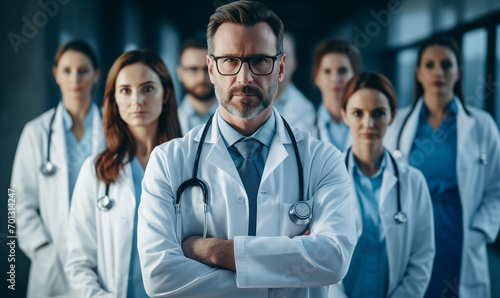 Photo of a doctor team standing at a hospital with their arms crossed photo