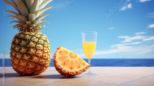 Pineapple Bliss in a Glass Fresh pineapple drink and pieces of pineapple with green leave on the wooden table with dark background, Generative Ai