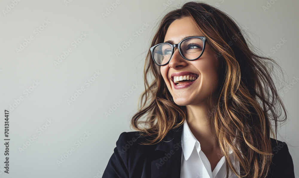 
Young happy cheerful professional business woman, happy laughing female office worker wearing glasses looking away at copy space advertising job opportunities or good business service