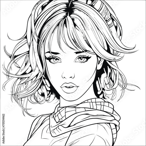 Cute girl vector image, black and white coloring page