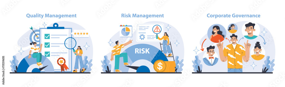 Strategy and management set. Exploring quality, risk management, and corporate governance. Prioritizing high standards, minimizing threats, ensuring ethical practices. Flat vector illustration. Strategy and management set. Exploring quality, risk management, and corporate governance. Prioritizing high standards, minimizing threats, ensuring ethical practices. Flat vector illustration.