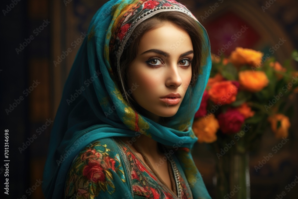 Beautiful Ancient Persian young woman princess smiling in traditional clothes and jewelry