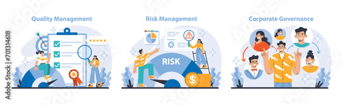 Strategy and management set. Exploring quality  risk management  and corporate governance. Prioritizing high standards  minimizing threats  ensuring ethical practices. Flat vector illustration.