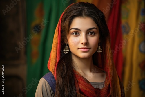 Beautiful Ancient Persian young woman princess smiling in traditional clothes and jewelry