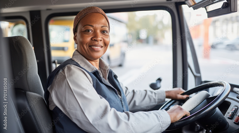 Smiling woman driving bus while working as professional driver.