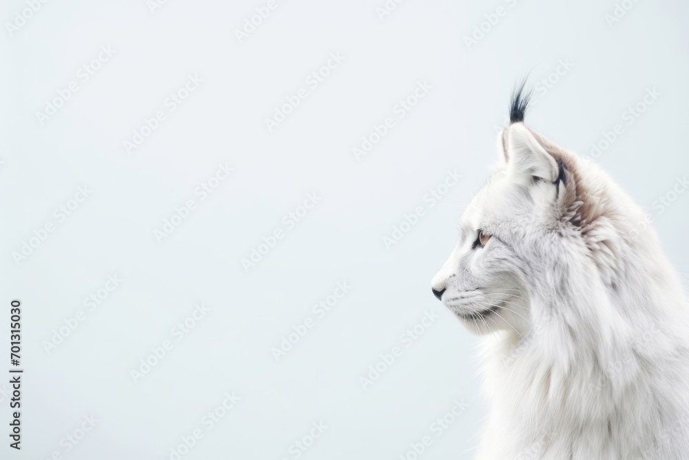 A portrait of a white cat with detailed, fluffy fur sitting on a grass-covered field resembles a white wolf. A portrait of a white cat with detailed, fluffy fur sitting on a grass-covered field resembles a white wolf.