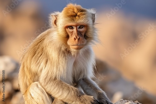 A clever monkey  captured in an award-winning wildlife photograph  sits on a rock holding a long knife.