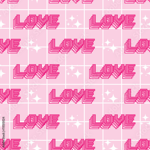 Seamless pattern in 2000s style with the inscription love and stars on a checkered pink background. Vector illustration for Valentine's Day. Template for card, fabric, textile, wallpaper, paper