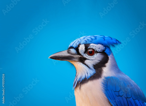 A hyper-realistic digital painting presents a blue and white bird on a blue background  highlighting detailed feathers.