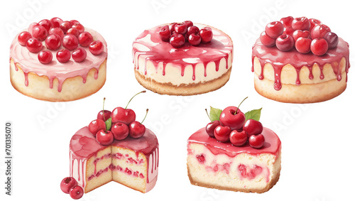 watercolor illustration, set cherry cheesecake, summer dessert, fruit, berry cake, isolated on a white background photo