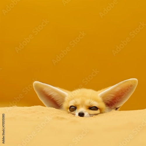A cute fennec fox peeks its head out of the deep golden sand desert  its ears on top of its head.