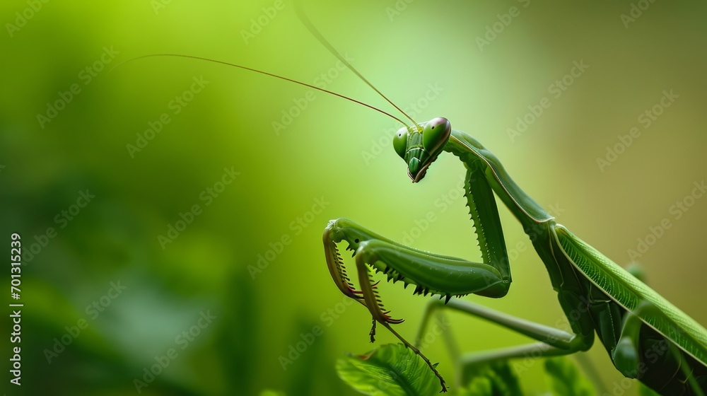 A predatory praying mantis, resembling an alien insect, perches on a plant in an macro photograph. A predatory praying mantis, resembling an alien insect, perches on a plant in an macro photograph.