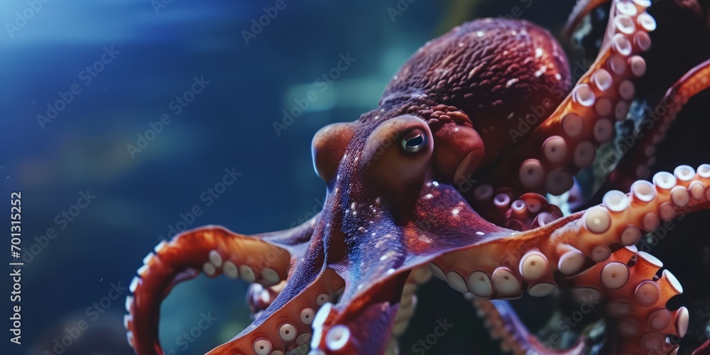 A marine animal, a giant octopus with its mouth open, is depicted as a robotic octopus with oily tentacles. - obrazy, fototapety, plakaty 