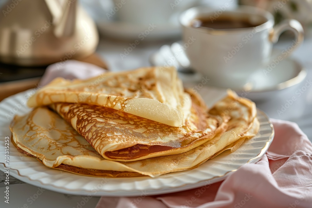 Crepes thin pancakes, traditional russian dessert . Tasty breakfast on themodern kitchen Crepes thin pancakes, traditional russian dessert . Tasty breakfast on themodern kitchen
