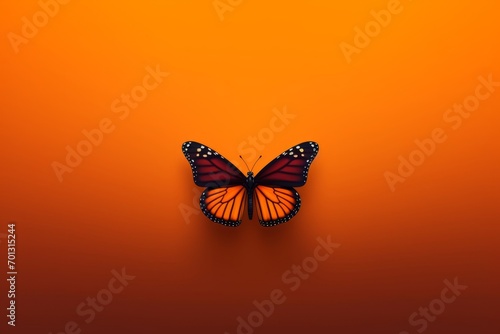 A butterfly, possibly a monarch, rests on an orange background, illuminated by warm gradient lighting.