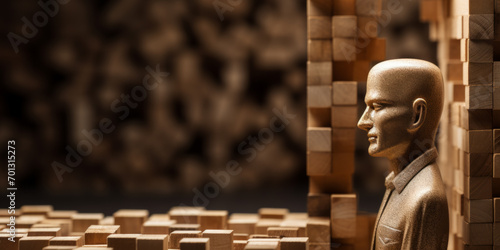 A surreal 3D portrait features a statue of a man standing in front of a pile of cubic blocks, hinting at AI singularity.
