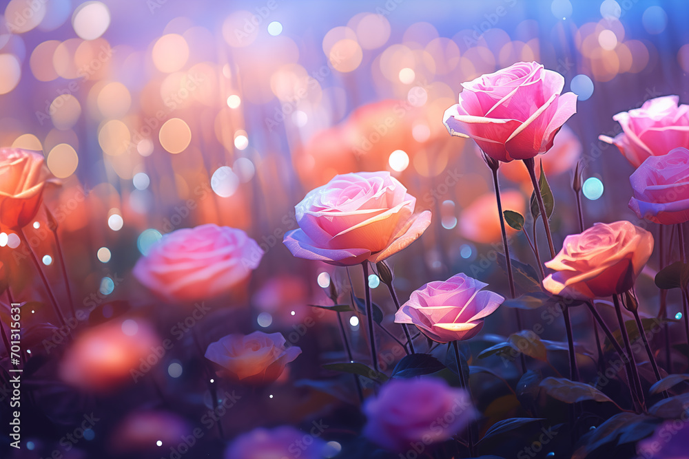 A field of colorful roses with beautiful, sparkling pastel bokeh. - obrazy, fototapety, plakaty 