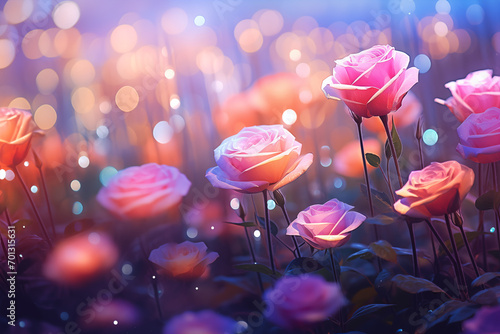 A field of colorful roses with beautiful, sparkling pastel bokeh.