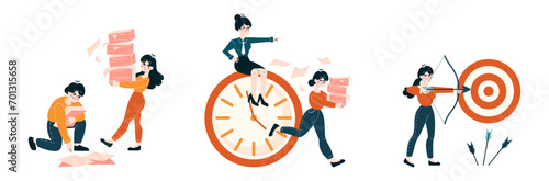Time Management set. Dynamic business people tackle deadlines, prioritize tasks, aim for targets. Efficient workflow and punctuality theme. Flat vector illustration