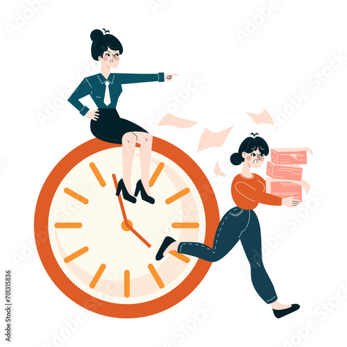 Deadline concept. Manager directs operations as staff tackle time-sensitive tasks, symbolized by a prominent clock. Flat vector illustration