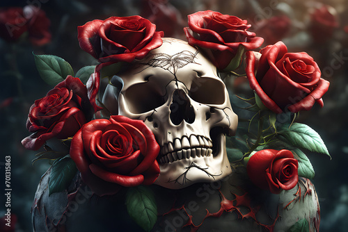 generated AI white skull surrounded by a wreath of red roses and green leaves on a rock.