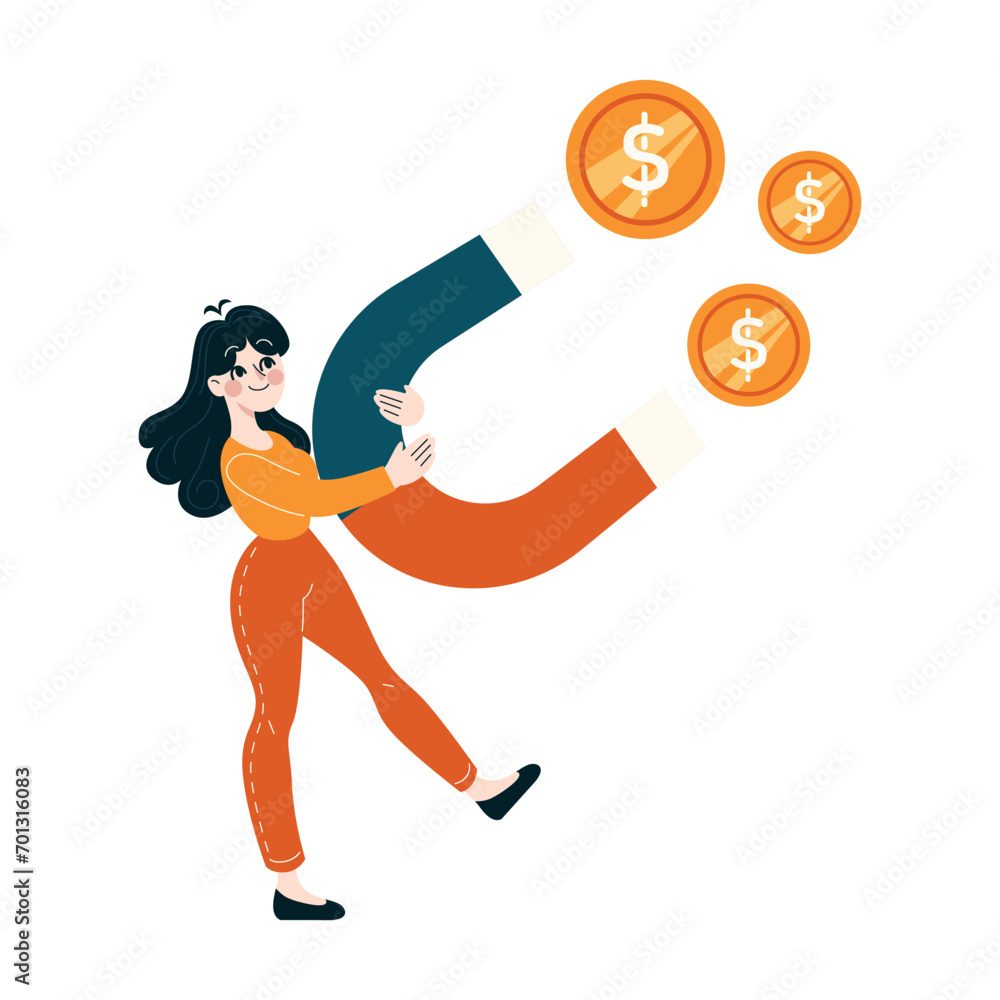Financial magnetism concept. A businesswoman attracting money with a magnet, symbolizing profit and investment success. Flat vector illustration Financial magnetism concept. A businesswoman attracting money with a magnet, symbolizing profit and investment success. Flat vector illustration