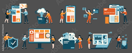 Digital Marketing set. Characters managing data analysis, cybersecurity, and online transactions. Interactive tech engagement and information processing. Flat vector illustration.