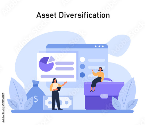 Asset Diversification concept. Displaying the strategic spread of investments to mitigate risks and stabilize returns. Flat vector illustration