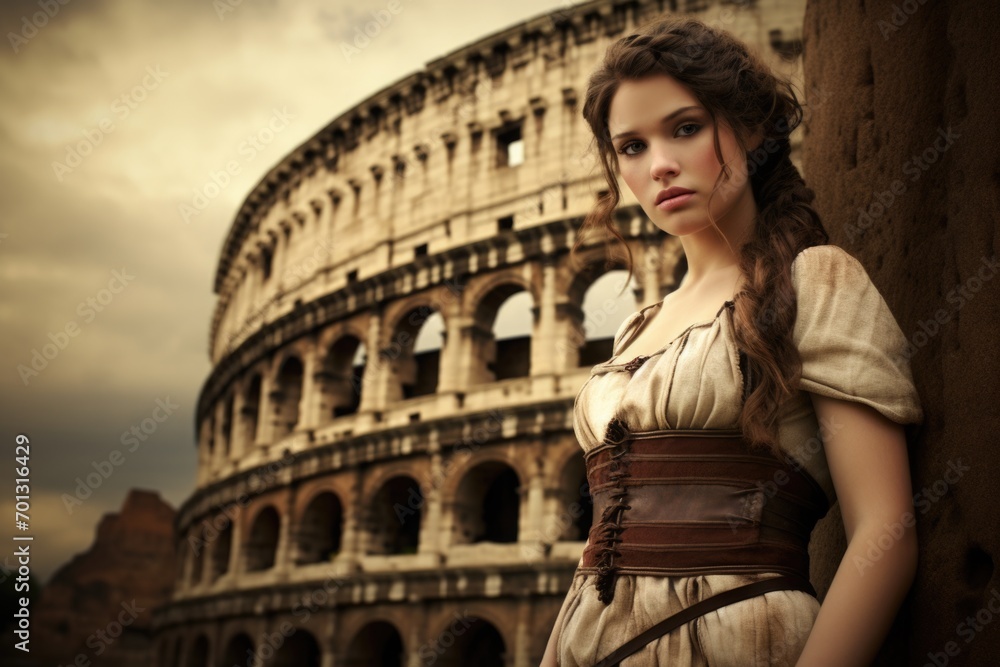 Beautiful Ancient Powerful Roman woman in traditional clothes, Colosseum background