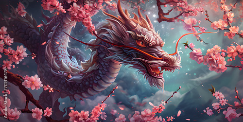chinese dragon, astral background, chinese zodiac background, cherry blossoms, flowers, chinese new year © Prasanth