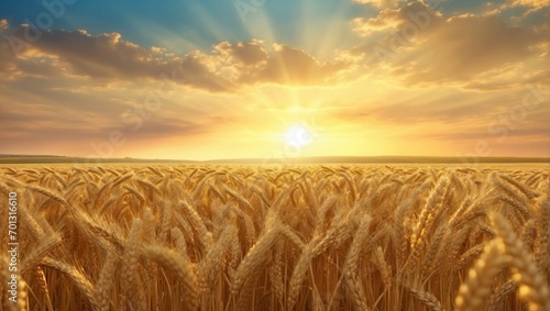 Golden Sunset over a Serene Wheat Field on a Farm 