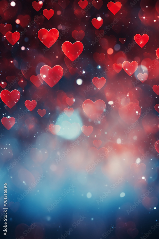 Falling hearts on blue defocused background. Valentines day background, love and romance. High quality photo