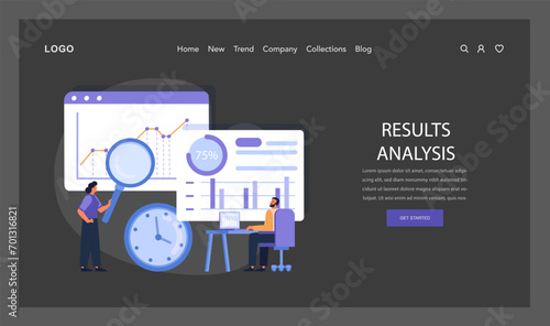 Results Analysis web or landing. Experts scrutinize project outcomes using data visualization, marking a critical evaluation stage in the Design Thinking process. Flat vector illustration