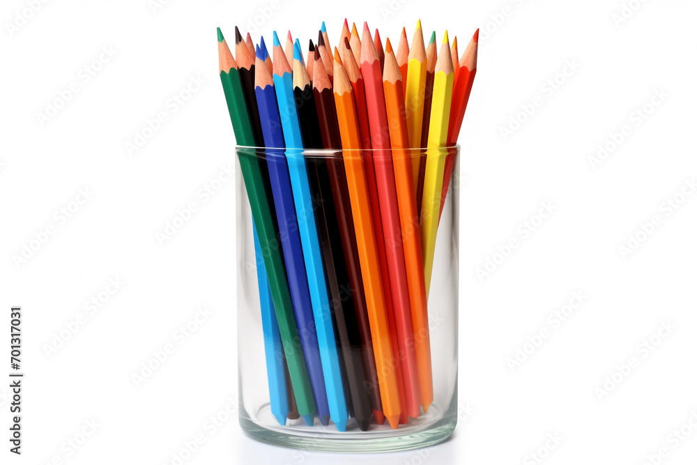 Colored pencils stand in a glass with the point upwards on a white background Colored pencils stand in a glass with the point upwards on a white background