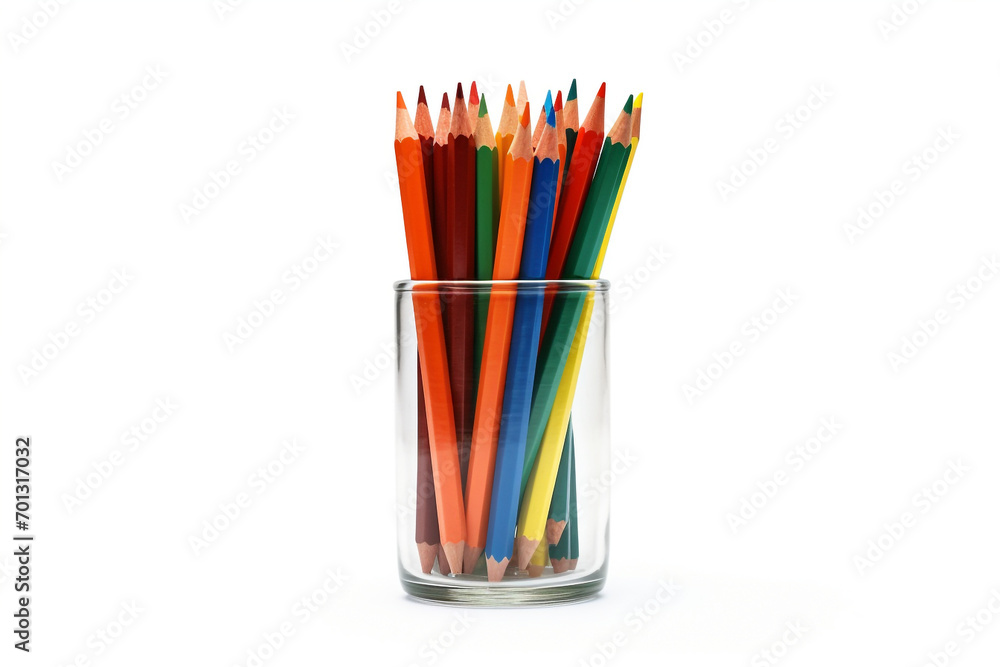 Colored pencils stand in a glass with the point upwards on a white background Colored pencils stand in a glass with the point upwards on a white background