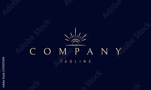 Vector golden logo with an abstract image of a shining sun on the horizon in a linear style.
