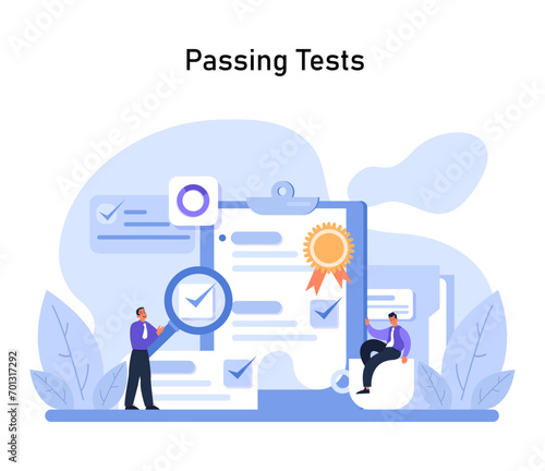 Passing Tests concept. Enthusiastic professionals highlight a completed checklist symbolizing successful employee onboarding and task accomplishment. Flat vector illustration.