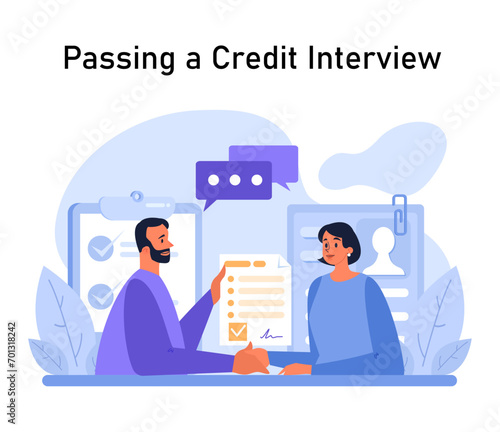 Passing a Credit Interview concept. Man reviews woman's credit profile, ensuring approval with checks and discussion. Smooth financial screening process. Flat vector illustration.
