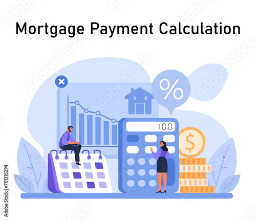Mortgage Payment Calculation concept. Woman uses calculator alongside growth chart, assessing house loan interest rates and monthly payments. Strategic financial planning. Flat vector illustration.